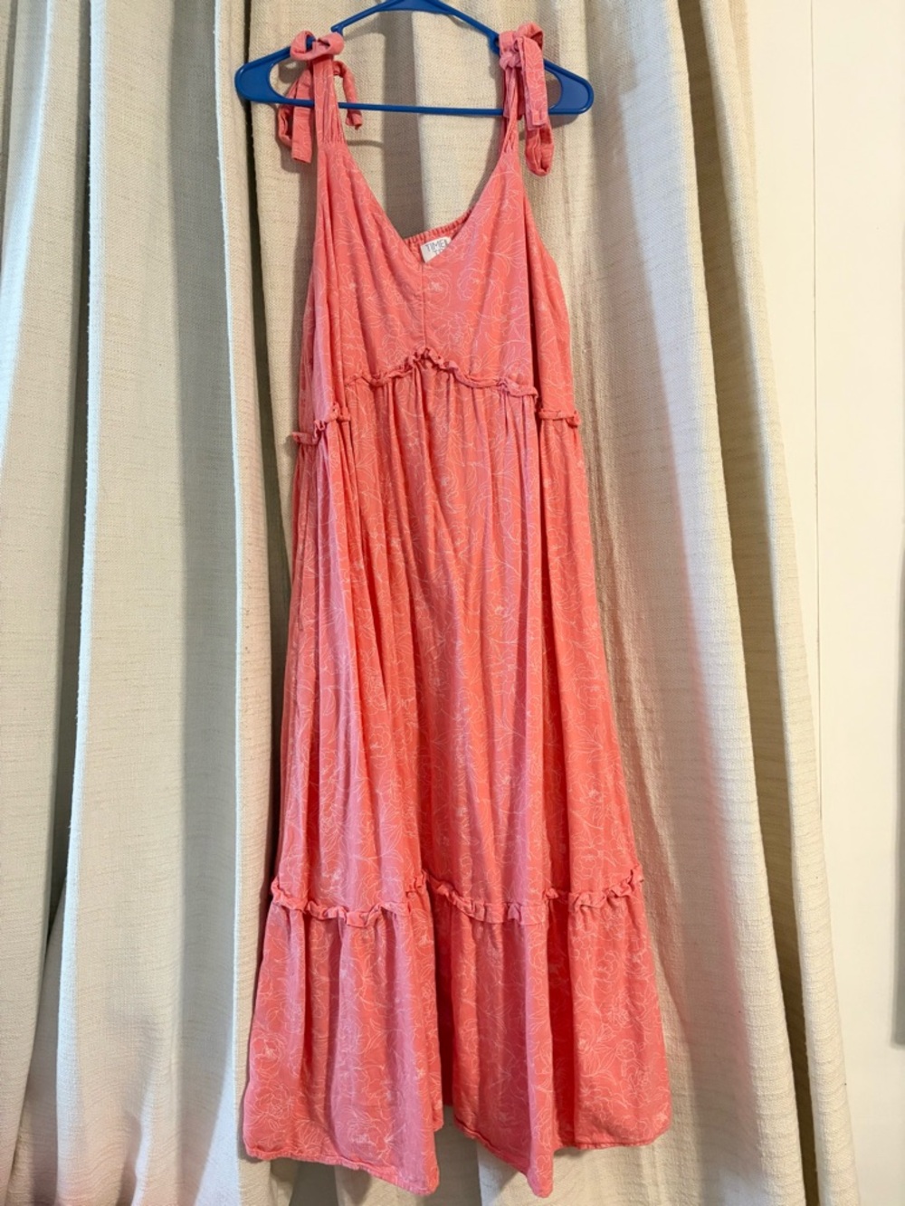 Coral Tie-Shoulder Ruffle Midi Dress